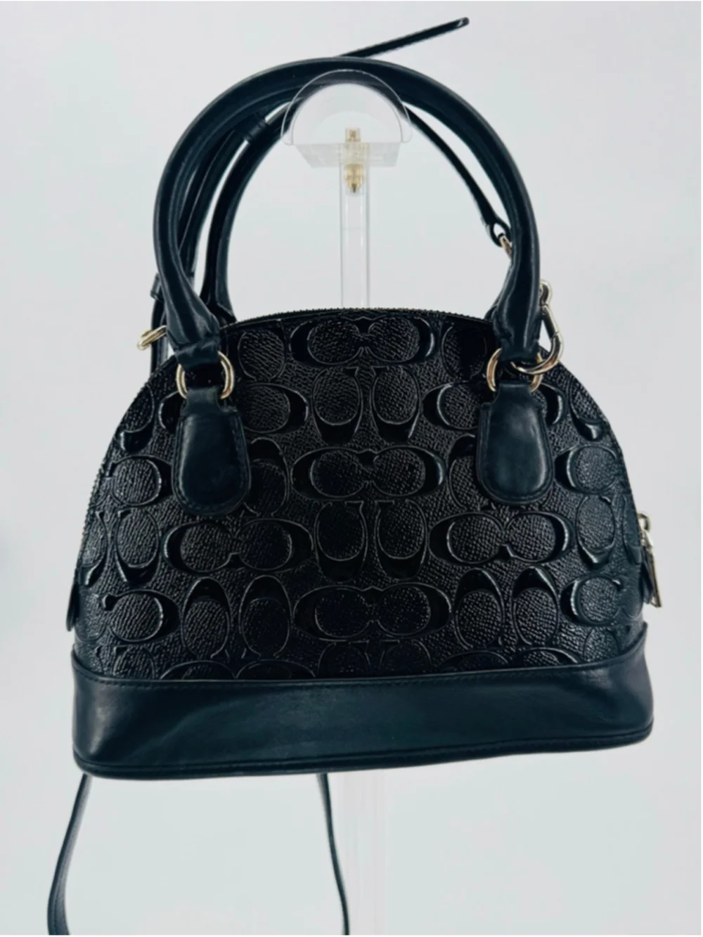 Coach F35279 Sierra Dome Satchel Black Signature Patent Leather Gold
